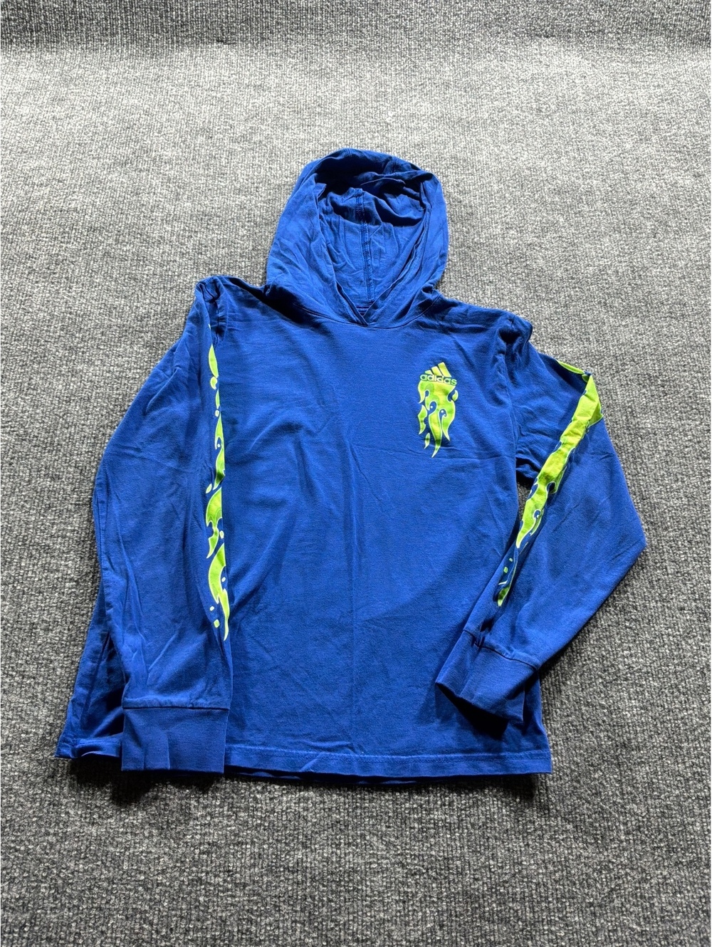 Adidas Blue Hoodie with Neon Green Flame Graphics, Medium